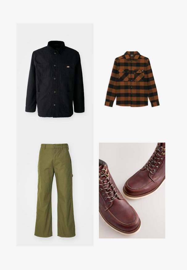Chaqueta negra de botonadura con cuatro bolsillos frontales, cuello de pana y pequeño parche del logotipo de la marca en el bolsillo superior derecho.; Camisa de manga larga en un patrón de cuadros naranja y negro, hecha de una tela texturizada. Presenta dos bolsillos en el pecho y cierre frontal con botones.; Pantalones de pernera ancha en verde oliva, confeccionados con una tela resistente, que presentan un cierre de botón, bolsillos laterales y un diseño de dobladillo recto.; Botas de cuero marrón con un acabado suave, con ojales metálicos, cordones grises y suela de goma color crema. Detalle de costuras a lo largo de los bordes.