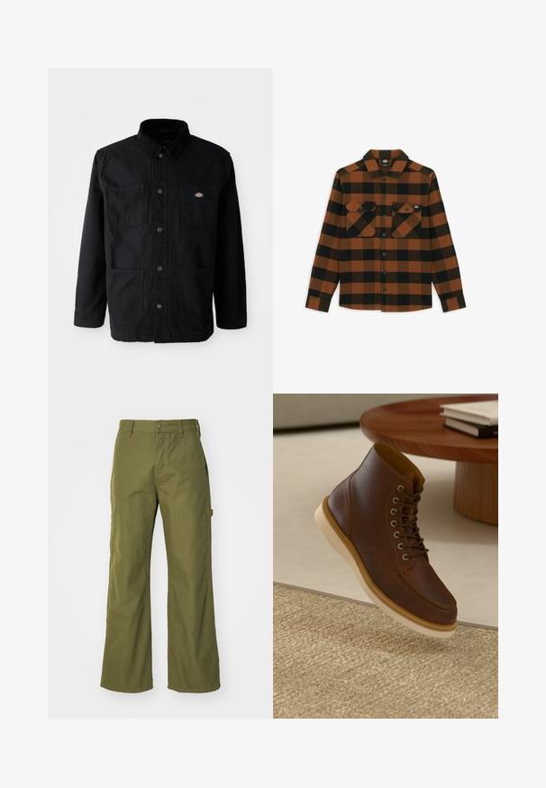 Zwarte button-up jack met vier voorzakken, corduroy kraag en klein merklogo patch op de bovenkant van de rechter borstzak.; Langarmshirt in een oranje en zwart geruit patroon, gemaakt van een gestructureerde stof. Heeft twee borstzakken en een knoopsluiting aan de voorkant.; Olijfgroene wijde broek van duurzaam materiaal, met een knoopsluiting, zijzakken en een rechte zoom.; Bruine leren enkelboot met beige zool op een gestructureerd beige vloerkleed naast een ronde houten tafel met opgestapelde boeken.