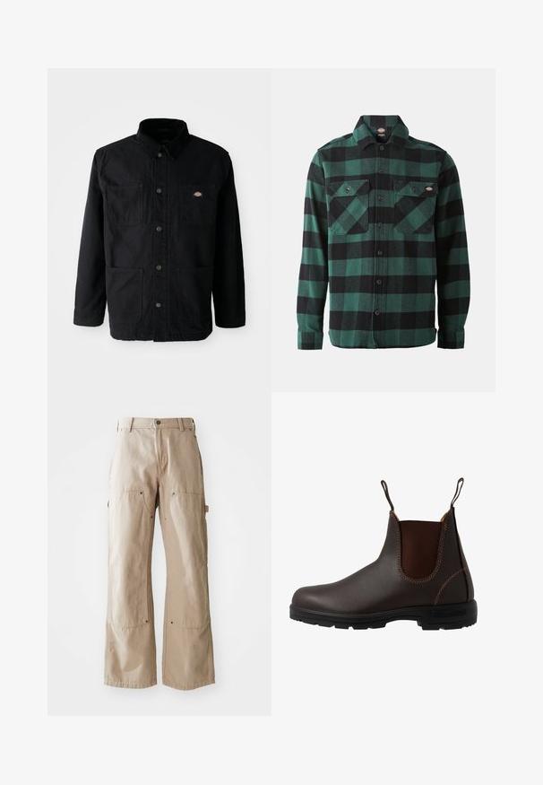 Veste noire à boutons avec quatre poches avant, col en velours côtelé et petite écusson de marque sur la poche poitrine droite.; Chemise en flanelle à carreaux verts et noirs, à manches longues, devant boutonné, avec deux poches poitrine et un col classique. Texture douce, design polyvalent.; Pantalons larges beige en coton robuste. Comprend des poches avant et latérales, des coutures visibles et des accents en métal sur les poches.; Botte Chelsea en cuir marron avec panneau latéral élastique, coutures marron, languettes de tirage, et une semelle en caoutchouc durable avec un motif texturé.