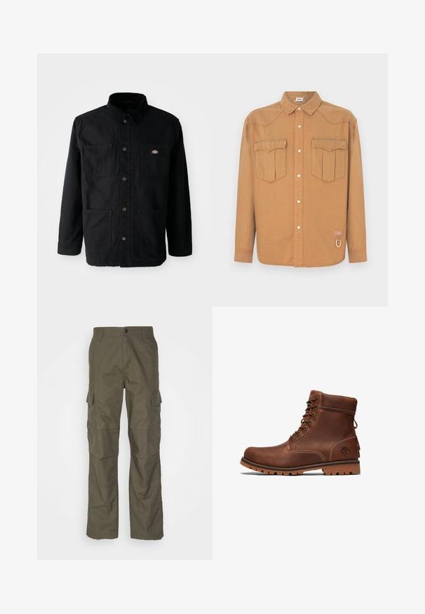 Chaqueta negra de botonadura con cuatro bolsillos frontales, cuello de pana y pequeño parche del logotipo de la marca en el bolsillo superior derecho.; Camisa de mezclilla marrón con dos bolsillos en el pecho, cuello puntiagudo, cierre de botones en el frente y costuras en contraste. Presenta un parche con logo y detalle de presilla.; Pantalones cargo en color oliva con corte recto, fabricados en tejido texturizado. Presentan grandes bolsillos laterales y un cierre de botón.; Botín de cuero marrón hasta el tobillo con diseño de cordones, cuello acolchado, costuras en contraste y suela de goma con un patrón de textura.