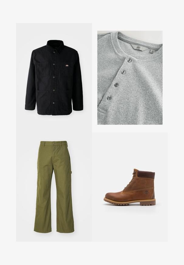 Zwarte button-up jack met vier voorzakken, corduroy kraag en klein merklogo patch op de bovenkant van de rechter borstzak.; Grijze gebreide shirt met lange mouwen en een ronde halslijn, vijf knopen sluiting, ribbelstructuur en een slim fit ontwerp. Label geeft maat M aan.; Olijfgroene wijde broek van duurzaam materiaal, met een knoopsluiting, zijzakken en een rechte zoom.; Bruine leren wandelschoen met een gladde afwerking, gevoerde enkel, metalen oogjes en een rubberen zool met een robuust profiel.