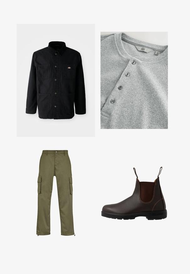 Chaqueta negra de botonadura con cuatro bolsillos frontales, cuello de pana y pequeño parche del logotipo de la marca en el bolsillo superior derecho.; Camisa de punto gris de manga larga con cuello redondo, tapeta de cinco botones, textura acanalada y un diseño ajustado. La etiqueta indica talla M.; Pantalones cargo de color verde oliva con corte recto, dos bolsillos laterales y detalles de cremallera en los puños. Fabricados con un tejido duradero.; Bota Chelsea de cuero marrón con panel elástico lateral, costuras marrones, tiradores y suela de goma resistente con un patrón texturizado.