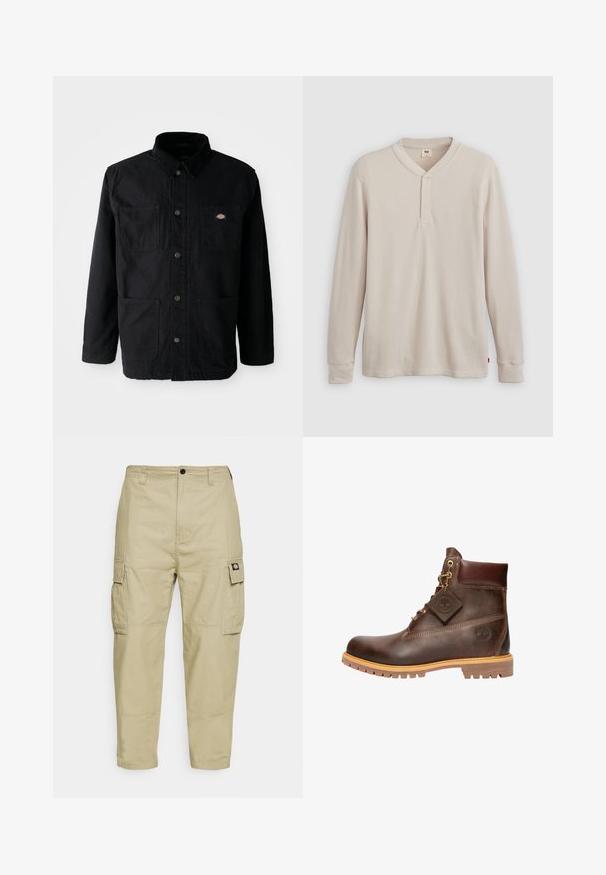Zwarte button-up jack met vier voorzakken, corduroy kraag en klein merklogo patch op de bovenkant van de rechter borstzak.; Lange mouwen henley-shirt in lichtbeige ribbelstof, met een V-hals, een drieknoopsluiting en manchetten. Rode logo-label aan de onderkant.; Beige cargobroek van duurzaam materiaal, voorzien van twee zijzakken, een knoopsluiting en taps toelopende benen met een gladde textuur.; Bruine leren enkelboot met een ronde neus, stevige zool, hardware in goudkleur en een gestructureerde bovenkant. Inclusief een merklabel dat is bevestigd.
