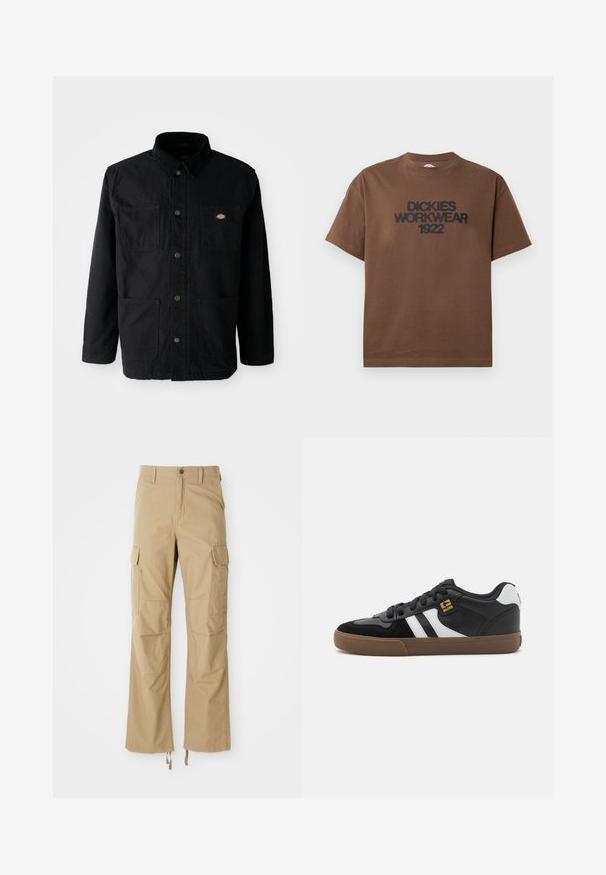 Must mustvõtmega jakk nelja esipocketiga, puuvillane krae ja väike brändilogo plekk paremas ülaservas rinnataskus.; Pruun lühikeste varrukatega T-särk musta tekstiga „DICKIES WORKWEAR 1922“ rinnal, valgel taustal kujutatud.; Khaki värvi cargo püksid, mis on valmistatud vastupidavast kangast, mitme küljetasku, sirge jala disaini ja reguleeritavate nööridega hemmi peal.; Mustvalged ja valged tossud, mille pealisosa on valmistatud sametist ja nahast, valgete triipudega, mustade paeltega ja pruunist kummist tallaga. Kuldse logo aktsendid.