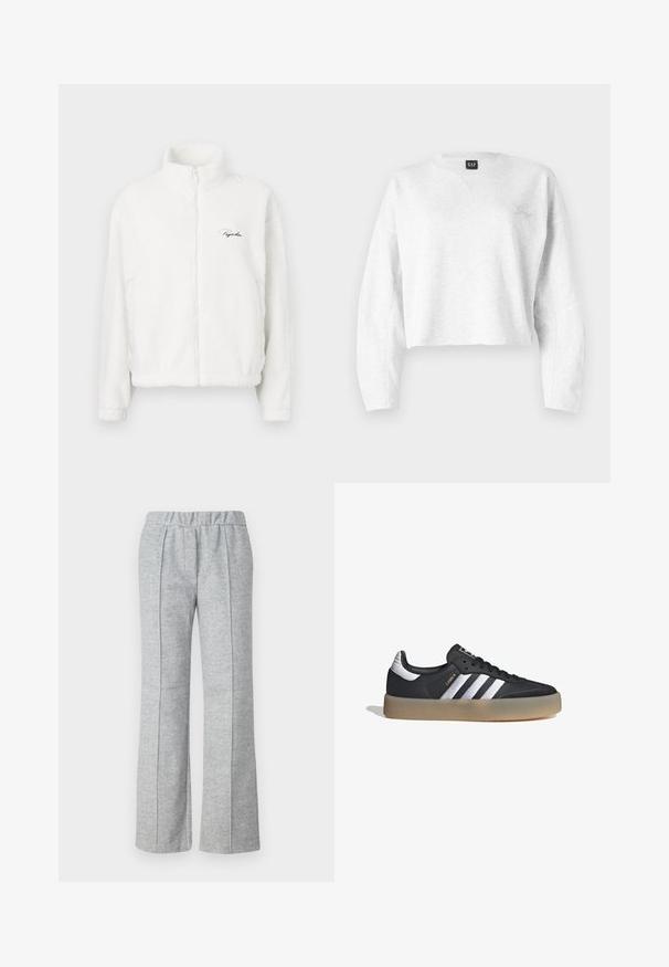 Chaqueta de forro polar blanca con cremallera y un alto cuello, que presenta una textura suave y un logo bordado en el lado izquierdo del pecho. Ligera y con un corte ancho.; Sudadera gris recortada hecha de una tela suave; presenta un cuello en V, mangas largas y un pequeño logotipo bordado en el lado izquierdo del pecho.; Pantalones grises de pierna ancha hechos de una tela texturizada; cuentan con una cinturilla elástica y detalles de pliegues en el frente. Diseño limpio y minimalista.; Zapatilla deportiva de cuero negro con tres rayas plateadas, punta texturizada y suela de goma. Cuenta con un collar acolchado y un diseño con cordones.