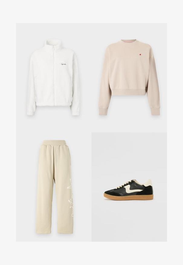 Chaqueta de forro polar blanca con cremallera y un alto cuello, que presenta una textura suave y un logo bordado en el lado izquierdo del pecho. Ligera y con un corte ancho.; Sudadera corta beige de manga larga con puños y dobladillo acanalados, cuello redondo y pequeño logo rojo bordado en el pecho izquierdo.; Pantalones de chándal beige, de corte relajado, con una cintura elástica, bolsillos laterales y un detalle gráfico blanco a lo largo de la pierna izquierda. Material de algodón suave.; Zapatillas de deporte de ante y cuero negro con un swoosh lateral en crema y un talón en crema claro. Presenta cordones beige y una suela de goma marrón.