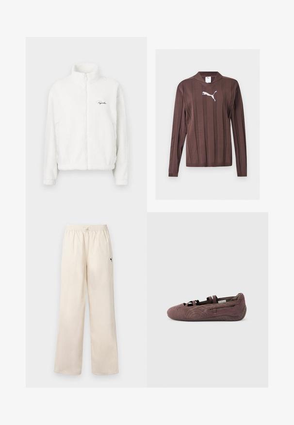 Chaqueta de forro polar blanca con cremallera y un alto cuello, que presenta una textura suave y un logo bordado en el lado izquierdo del pecho. Ligera y con un corte ancho.; Jersey marrón de manga larga con rayas verticales texturizadas y un logo blanco de Puma centrado en el pecho sobre un fondo liso.; Pantalones de pierna ancha de color beige claro con una cintura elástica y cordón. Presenta un pequeño logo negro en el costado. Textura suave.; Zapato plano tipo ballet de ante marrón con correas elásticas y suela texturizada, mostrado de perfil sobre un fondo claro y liso.