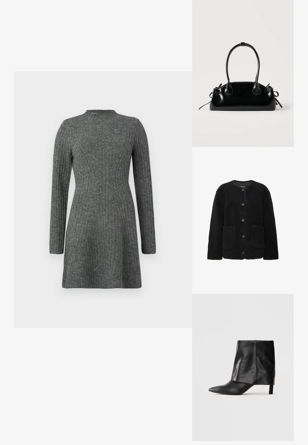 Veste en polaire noire avec un col rond, une fermeture à boutons à l'avant, deux poches avant et une surface en tissu texturé.; Robe côtelée, longueur genoux en gris foncé avec des manches longues et un col haut, fabriquée à partir d'un tissu doux et texturé.; Botte noire en cuir mi-mollet avec bout pointu, tige supérieure repliée et petit talon élancé, se tenant sur fond blanc.; Petit sac à main noir brillant avec deux longues anses et des détails à cordon sur les côtés sur un fond clair uni.