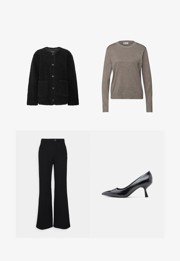 Sort fleecejakke med rund halsudskæring, knaplukning, to forlommer og en tekstureret stofoverflade.; Lysebrun strikket sweater med rund halsudskæring, lange ærmer og ribbet kant. Fremstillet af blødt stof med en glat tekstur.; Sorte flagrende bukser lavet af strækstof, der har en frontknaplukning og bæltestropper. Glat tekstur med jævn farve gennem hele stoffet.; Sort laklæderstilet med spids tå og en mellemhøj stilet hæl. Glat tekstur og minimalistisk design uden synlige dekorationer.