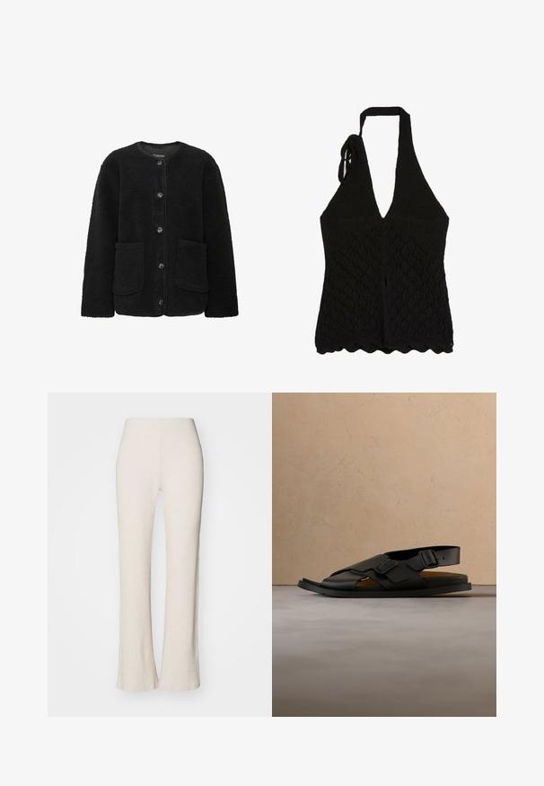 Veste en polaire noire avec un col rond, une fermeture à boutons à l'avant, deux poches avant et une surface en tissu texturé.; Haut dos-nu noir en maille avec motif losange, profond col en V et ourlet festonné, noué au cou avec un nœud.; Pantalons tricotés côtelés crème avec une coupe évasée, dotés d'une taille haute et d'une texture lisse. Le tissu semble extensible et doux.; Sandale en cuir noir avec deux boucles réglables, design à bout ouvert et une semelle intérieure marron, présentée au-dessus d'un tapis texturé.