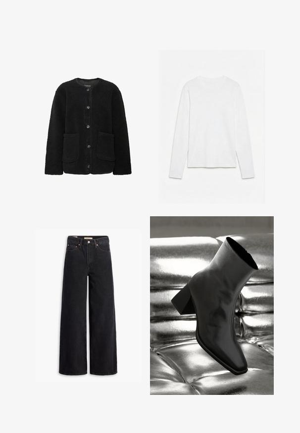 Veste en polaire noire avec un col rond, une fermeture à boutons à l'avant, deux poches avant et une surface en tissu texturé.; T-shirt blanc uni à manches longues et col rond, posé à plat sur une surface blanche, montrant l'avant et la longueur complète des manches.; Jean noir à jambe large en denim, comportant cinq poches, des rivets en laiton et une fermeture à bouton classique. Texture lisse avec un design épuré.; Botte noire à la cheville en matériau brillant avec un bout carré et un talon effilé, sur un fond argenté brillant et capitonné.