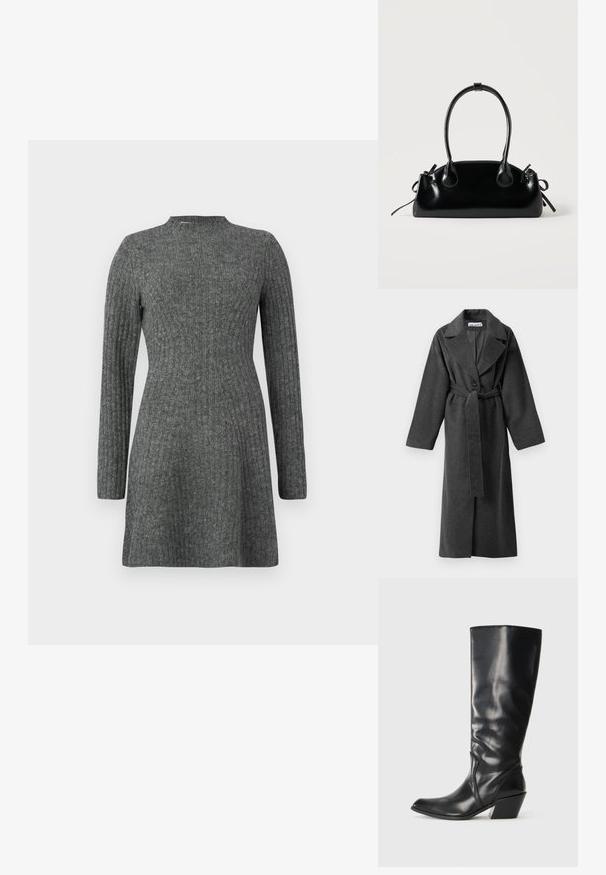 Manteau long en laine gris foncé avec des revers larges, un bouton, taille ceinturée et deux poches latérales, présenté sur un fond blanc.; Robe côtelée, longueur genoux en gris foncé avec des manches longues et un col haut, fabriquée à partir d'un tissu doux et texturé.; Botte en cuir noir montante jusqu'au genou avec un bout pointu, un talon angulaire et une texture lisse. Présente une subtile couture sur le côté.; Petit sac à main noir brillant avec deux longues anses et des détails à cordon sur les côtés sur un fond clair uni.