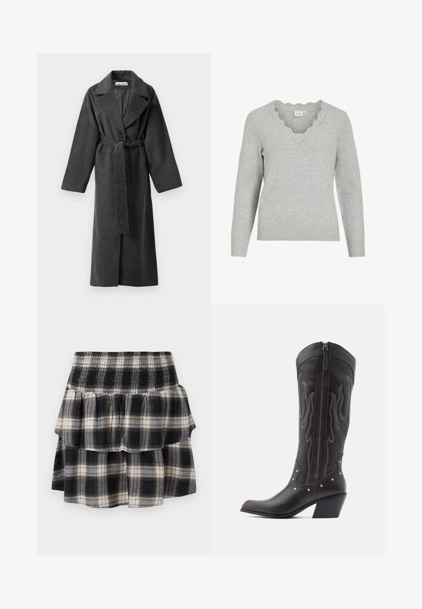 Manteau long en laine gris foncé avec des revers larges, un bouton, taille ceinturée et deux poches latérales, présenté sur un fond blanc.; Pull gris clair à manches longues et décolleté en V. Présente des détails à bords festonnés et une texture tricot douce. Design minimaliste.; Jupe à volants à carreaux noir et blanc avec taille smockée. Avec des couches froncées et une texture douce en coton.; Bottes de cowboy en cuir marron avec surpiqûres en forme de flammes, fermeture éclair latérale, clous argentés, bout pointu et talon superposé.