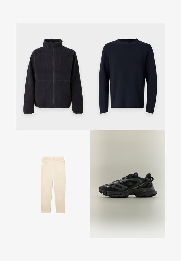 Veste en polaire noire zippée avec des manches longues et un col montant, fabriquée en tissu doux et texturé, présentée sur un fond blanc uni.; Pull en bleu marine, col rond, manches longues, fabriqué en tissu doux avec une texture lisse. Design simple, sans motifs ni quincaillerie visibles.; Jean en denim blanc beige avec une coupe droite, comportant cinq poches, un système de fermeture à bouton et à glissière, et des détails de couture subtils.; Chaussure de sport noire avec des panneaux en mesh, une semelle texturée, des lacets et une silhouette courbée avec des accents argentés sur les côtés.