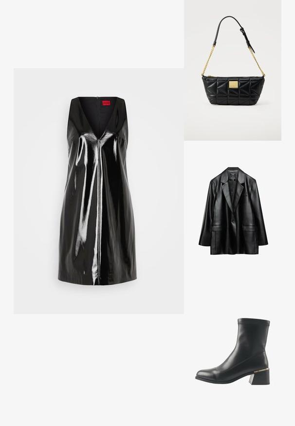 Blazer en faux cuir noir avec revers crantés, fermeture à un bouton et deux poches avant, présentant une texture lisse et brillante.; Robe noire sans manches avec un décolleté en V et une finition brillante et réfléchissante; elle comprend une fermeture éclair centrale et un design minimaliste.; Bottine noire en cuir avec un bout arrondi et un talon empilé, dotée d'un détail en or. Texture lisse avec un minimum de couture.; Sac d'épaule en cuir matelassé noir avec chaîne et sangle à boucle dorées, et une plaque logo dorée au centre avant.