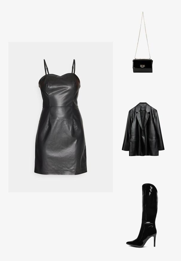 Čierna umelá kožená sako s vykrojenými klopami, uzatváraním na jedno tlačidlo a dvoma prednými vreckami, s hladkou, lesklou textúrou.; ONLY ONLDINA FAUX LEATHER DRESS - Koktailové šaty/večierkové šaty - black; Knee-high, lesklé čierne lodičky na vysokom opätku s špicatou špičkou. Hladká textúra a vysoký dizajn vytvárajú elegantný, telu priliehajúci siluetu.; Čierna lakovaná kožená kabelka so zlatým reťazovým ramienkom, obdĺžnikového tvaru, s prednou klapkou a kovovým logom.