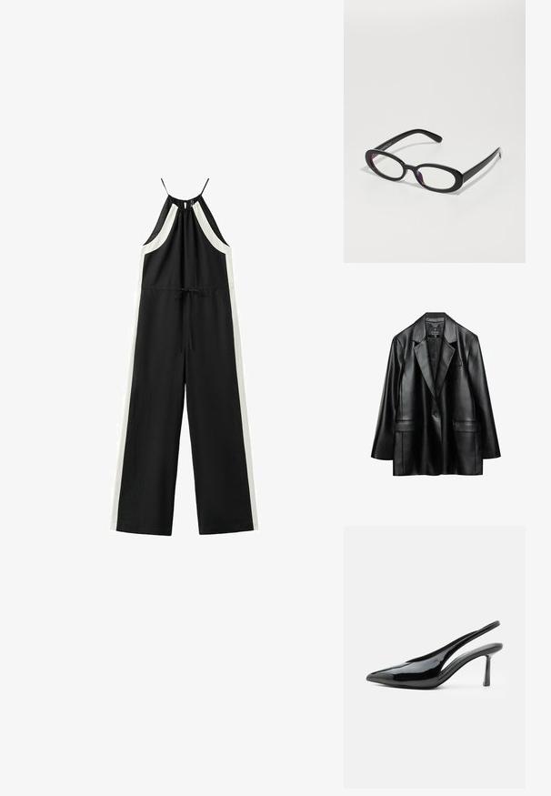 Blazer en faux cuir noir avec revers crantés, fermeture à un bouton et deux poches avant, présentant une texture lisse et brillante.; Combinaison noire à jambes larges avec panneaux latéraux blancs, encolure halter, taille ajustable avec lien et fines bretelles.; Escarpin slingback en cuir verni noir à talon haut, bout pointu et talon aiguille fin sur fond blanc.; Lunettes ovales noires avec des verres transparents, présentant une finition lisse et des branches larges. Les verres ont une teinte violette subtile. Logo sur le côté.