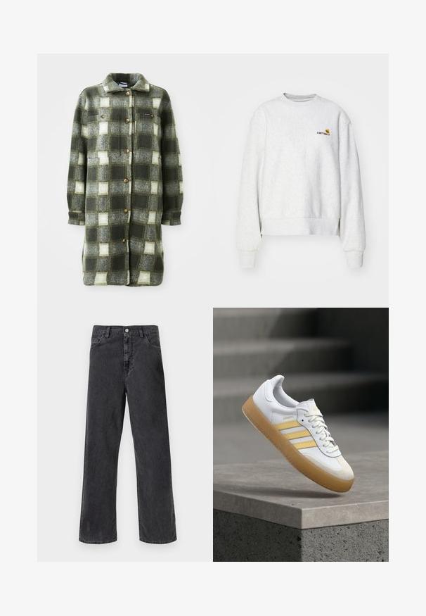 Groen en grijs geruite shirtjacket van zachte flanel, met een kraag, knoopsluiting aan de voorkant en twee borstzakken met gouden knopen.; Grijze crewneck sweatshirt van een zachte stof met geribbelde manchetten en onderrand; voorzien van een geborduurd logo op de borst in geel en bordeauxrood.; Zwarte denim jeans met een rechte pijp, voorzien van een metalen knoopsluiting, vijf zakken en zichtbare stiksels. Soepele textuur en gedempte kleur.; Witte leren sneaker met gele accenten, drie strepen en een zool van gum rubber. Voorzien van een afgeronde neus en een getextureerde tong.
