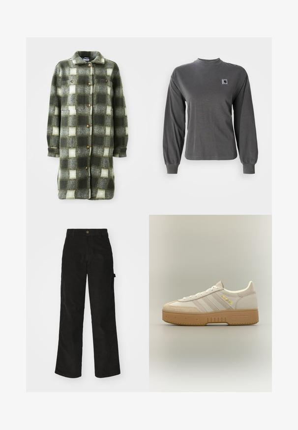 Chaqueta de camisa a cuadros en verde y gris, fabricada en suave franela, con un cuello con solapa, cierre de botones en la parte delantera y dos bolsillos en el pecho con botones dorados.; Camiseta de manga larga gris hecha de algodón, con cuello redondo y puños elásticos, que cuenta con un pequeño logo cuadrado en el pecho.; Pantalones de pana negros con un diseño de pierna recta, que presentan un cierre de botón y bolsillo lateral. Textura suave con finas rayas verticales.; Zapatilla Adidas crema y beige con suela de goma, tres rayas en el lateral, y "SPECIAL" escrito en dorado cerca de los cordones.