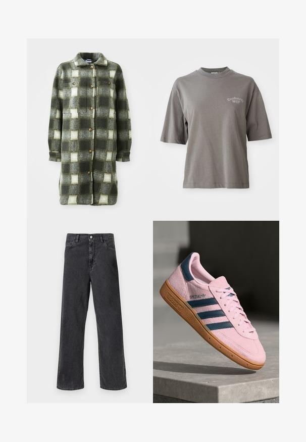 Chaqueta de camisa a cuadros en verde y gris, fabricada en suave franela, con un cuello con solapa, cierre de botones en la parte delantera y dos bolsillos en el pecho con botones dorados.; Camiseta de algodón gris con mangas cortas, cuello redondo y un pequeño logo de Carhartt WIP impreso en el frente. Textura suave, ajuste relajado.; Jeans de mezclilla negra con corte recto, que cuentan con un cierre de botón metálico, cinco bolsillos y costuras visibles. Textura suave y color apagado.; Zapatilla deportiva de ante rosa claro con tres franjas azul marino, suela de goma y cordones rosa claro. Presenta la marca "SPEZIAL" en el lateral.