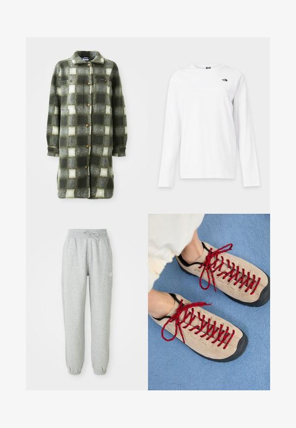 Grøn og grå ternet skjortejakke lavet af blød flannel, med krave, knaplukning fortil og to brystlommer med gyldne knapper.; Hvid langærmet T-shirt med rund hals og lille sort The North Face-logo på venstre bryst.; Grå sweatpants med elastisk talje og snøre. Stoffet er blødt, og de har elastiske manchetter ved anklerne samt et logoaccent.; Beige sko med røde snørebånd, placeret på en blå tekstureret overflade, delvist synliggørende en persons ankel. Skoene har et sporty design.