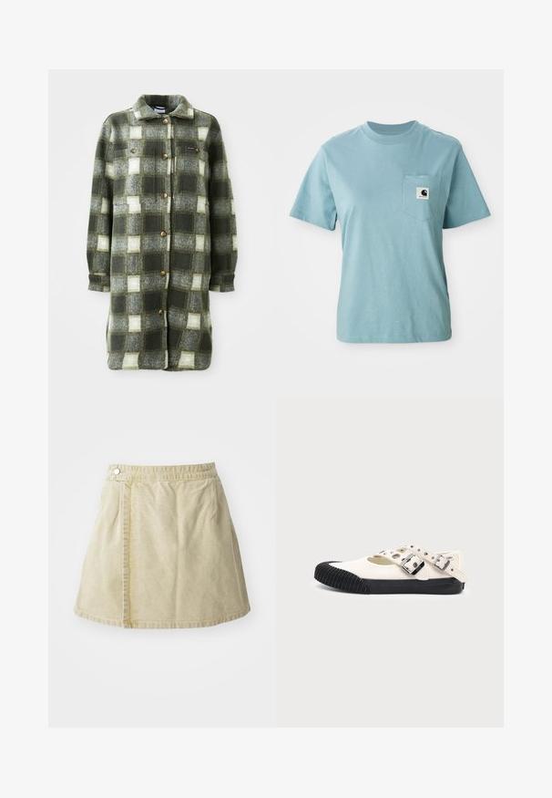 Groen en grijs geruite shirtjacket van zachte flanel, met een kraag, knoopsluiting aan de voorkant en twee borstzakken met gouden knopen.; Lichtblauw katoenen T-shirt met korte mouwen en een borstzak, voorzien van een klein zwart-wit Carhartt logo patch.; Khaki mini rok van zacht stof, met een zijsluiting met knopen, een gladde textuur en een licht uitlopende silhouet met een zoomlijn boven de knie.; Witte canvas platte schoen met zwarte rubberen neuskap en zool, met twee verstelbare gespsluitingen aan de bovenkant.