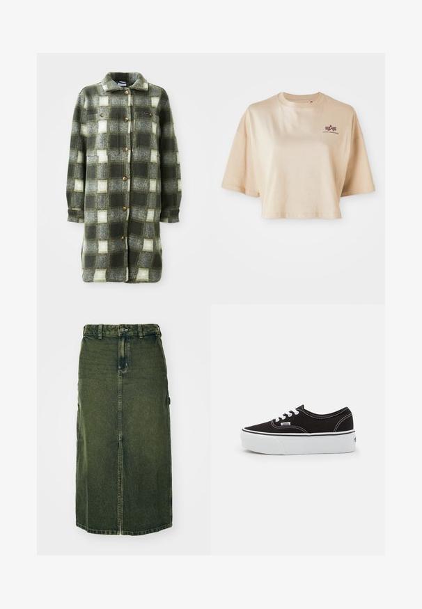 Groen en grijs geruite shirtjacket van zachte flanel, met een kraag, knoopsluiting aan de voorkant en twee borstzakken met gouden knopen.; Beige cropped t-shirt van katoen, met korte mouwen, een ronde halslijn en een bordeauxrode logoafdruk op de linkerborst.; Groene denim rok met een middellange snit, een voorklep, knoopsluiting en riemlussen. De textuur is licht vervaagd, met zijzakken.; Zwarte canvas sneaker met een witte rubberen platformzool, voorzien van witte veters en stiksels, iconische branding op de zijkant, low-top ontwerp.