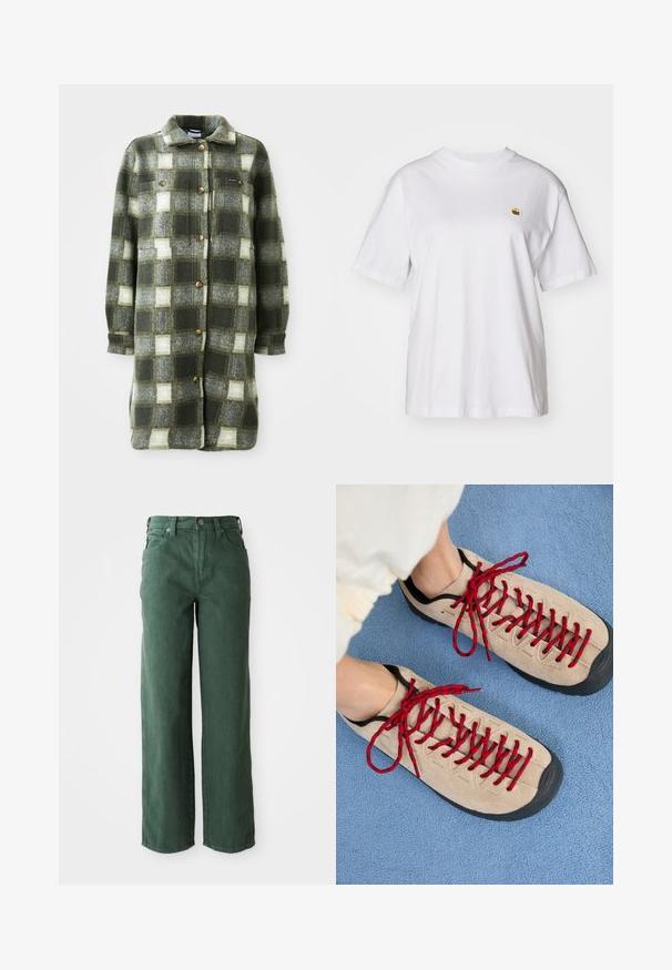 Chaqueta de camisa a cuadros en verde y gris, fabricada en suave franela, con un cuello con solapa, cierre de botones en la parte delantera y dos bolsillos en el pecho con botones dorados.; Camisa de algodón blanca con corte relajado, mangas cortas y un pequeño logotipo bordado en el área del pecho izquierdo.; Vaqueros verdes de pierna ancha hechos de denim. Presentan una cintura alta, piernas rectas, bolsillos frontales y cierre de botón metálico.; Zapatos beiges con cordones rojos, colocados sobre una superficie texturizada azul, que revelan parcialmente el tobillo de una persona. Los zapatos tienen un diseño deportivo.