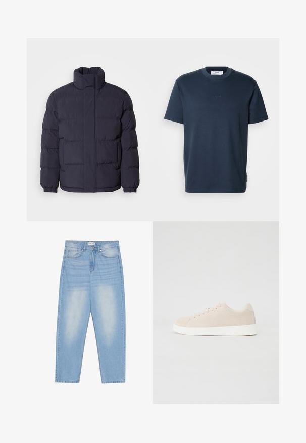 Marine pufferjack met een hoge kraag, gewatteerde textuur en ribbelmanchetten. Voorzien van een ritssluiting aan de voorkant en twee zijzakken.; Donker marineblauw katoenen T-shirt met korte mouwen, een ronde hals en een subtiel geborduurd logo aan de voorkant. Gladde textuur, losse pasvorm.; Lichtblauwe denim jeans met een relaxte pasvorm, uitgerust met vijf zakken, subtiele vervaging en stiksels langs de naden.; Beige suède sneakers met witte rubberen zolen, ronde neus en zes veterogen. Gladde textuur met minimalistisch ontwerp.