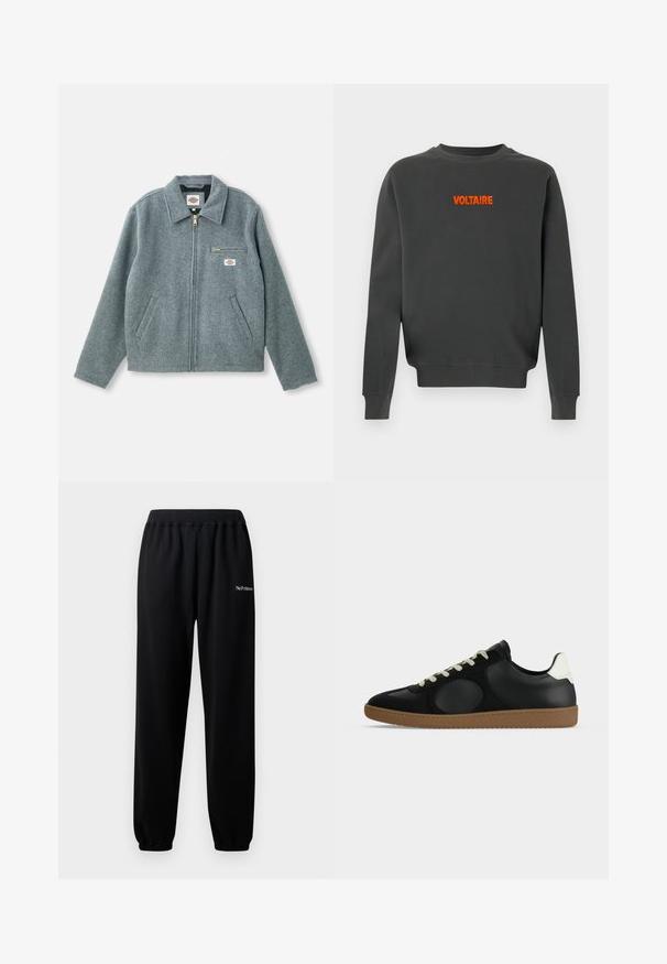 Grå uldblandet jakke med lynlås foran, spids krave, to sidelommer og en lille brystlomme med et mærketikette.; Mørkegrå crewneck-sweatshirt med lange ærmer og lyseorange "VOLTAIRE"-tekst centreret på brystet.; Sorte sweatpants lavet af blødt stof, med elastisk talje og manchetter. Inkluderer "No Problemo" broderet i hvidt på venstre ben.; Sort lav, sportssko med hvid hældetalje, beige snørebånd og brun gummisål vist i sideprofil på en hvid baggrund.