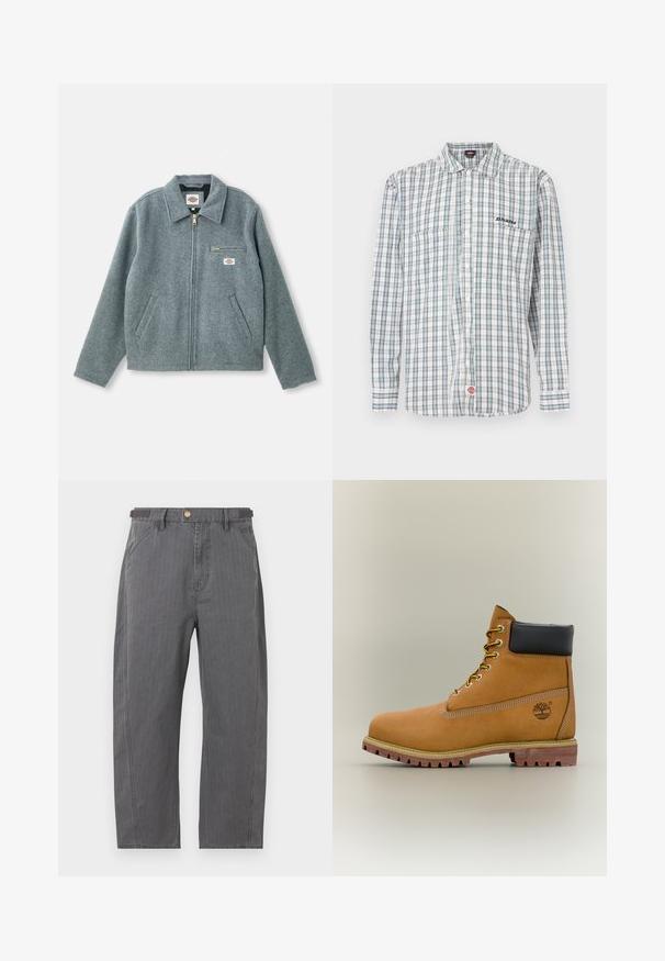 Chaqueta de mezcla de lana gris con cierre de cremallera en el frontal, cuello puntiagudo, dos bolsillos laterales y un pequeño bolsillo en el pecho con una etiqueta de marca.; Camisa de botones a cuadros en blanco, verde y azul. Cuenta con mangas largas, cuello, dos bolsillos frontales y un bordado de logotipo en el pecho.; Pantalones grises de pierna recta con bolsillos delanteros, trabillas para cinturón y cierre con botón de latón, mostrados sobre un fondo blanco.; Bota de tobillo de cuero marrón con cuello negro, cordones amarillos y suela beige. Presenta un logotipo y detalles de costura blanca. Suela exterior con tracción robusta.