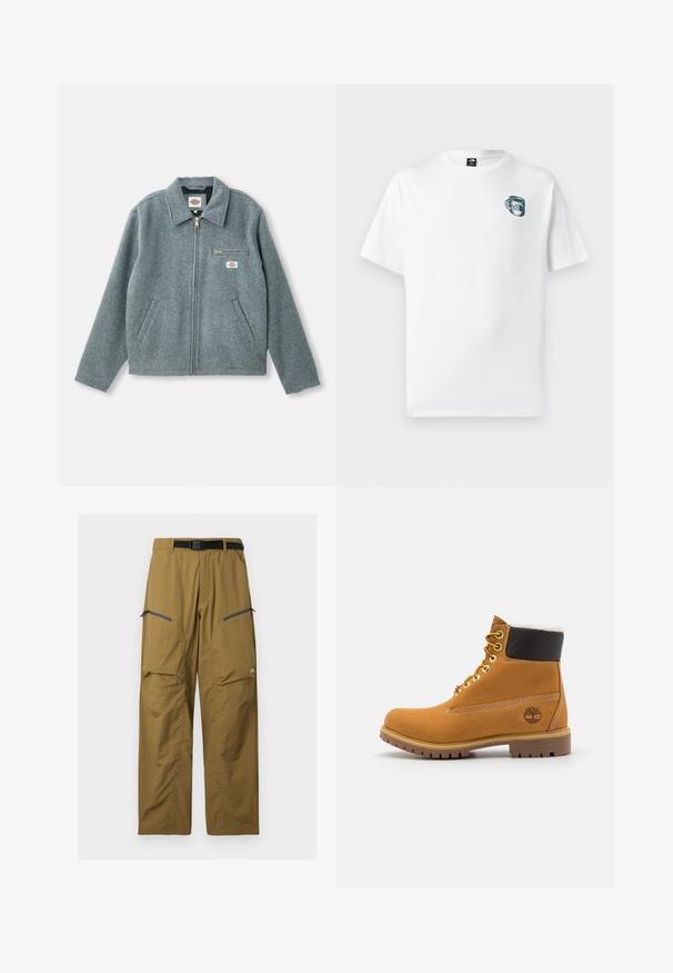 Grå uldblandet jakke med lynlås foran, spids krave, to sidelommer og en lille brystlomme med et mærketikette.; Hvid T-shirt med korte ærmer med lille grønt kopgrafik og "The North Face" logo på venstre bryst.; Khaki udendørs bukser med sort justerbart bælte, to lynlåslommer på låret og knæsyninger, vist på en ensfarvet baggrund.; Brune læder ankelstøvle med metaløjer, hvid pelsforing, sort polstret krave, robust sål og præget logo på siden.