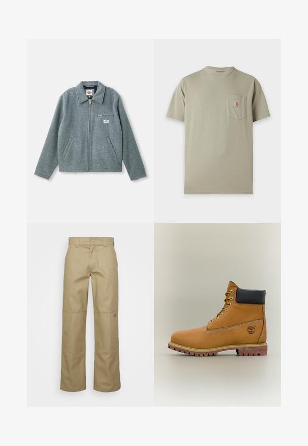 Chaqueta de mezcla de lana gris con cierre de cremallera en el frontal, cuello puntiagudo, dos bolsillos laterales y un pequeño bolsillo en el pecho con una etiqueta de marca.; Camiseta beige de manga corta Carhartt con un bolsillo en el pecho que tiene el parche del logo de Carhartt sobre un fondo blanco.; Pantalones de pierna ancha en color beige, confeccionados con una mezcla de algodón. Cuentan con parches de refuerzo en las rodillas y un pequeño parche con el logo en la parte superior de la pierna.; Bota de tobillo de cuero marrón con cuello negro, cordones amarillos y suela beige. Presenta un logotipo y detalles de costura blanca. Suela exterior con tracción robusta.