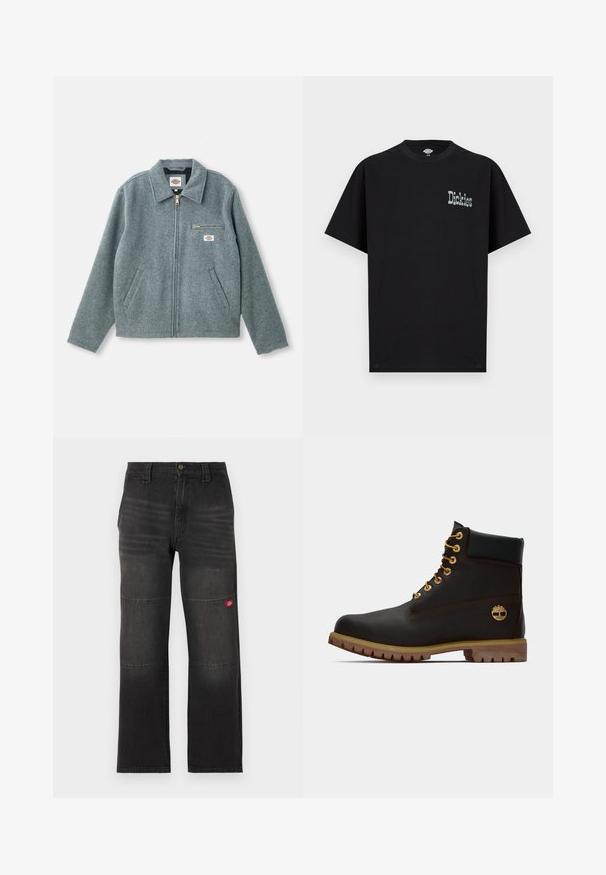 Grå uldblandet jakke med lynlås foran, spids krave, to sidelommer og en lille brystlomme med et mærketikette.; Sort kortærmet T-shirt lavet af bomuld med et frontgrafisk logo "Dickies" i en kontrasterende lys farve. Standard rund hals design.; Sorte denim arbejdssbukser med dobbelte knæpaneler og et lille rødt logo på højre ben, lige snit og linning med knaplukning.; Sorte læder ankelstøvle med gyldne øjer, brune detaljer og gummisål. Har en polstret krave og præget logo på siden.
