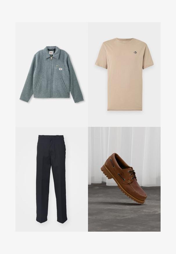Grå uldblandet jakke med lynlås foran, spids krave, to sidelommer og en lille brystlomme med et mærketikette.; Beige t-shirt med korte ærmer og rund hals med et lille tegneseriestil-patch på venstre bryst, der viser en figur med brede øjne.; Sorte skræddersyede bukser med lige ben, fremstillet af glat stof, med et taljebånd med løkker og uden synlige mønstre eller hardware.; Brun læder bådsko med sorte snørebånd, beige syninger og en robust sål, hængende over en grå betongulv.