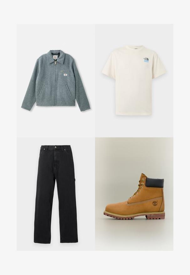 Grå uldblandet jakke med lynlås foran, spids krave, to sidelommer og en lille brystlomme med et mærketikette.; Off-white T-shirt med korte ærmer, rund hals og lille sort og blå The North Face-logo på venstre bryst.; Sorte jeans med lige ben, forlommer, bæltestropper, knaplukning og synligt søm på ensfarvet baggrund.; Brun læderankelstøvle med sort krave, gule snørebånd og tanfarvet sål. Har logo og hvide syninger som detalje. Robust ydersål med greb.