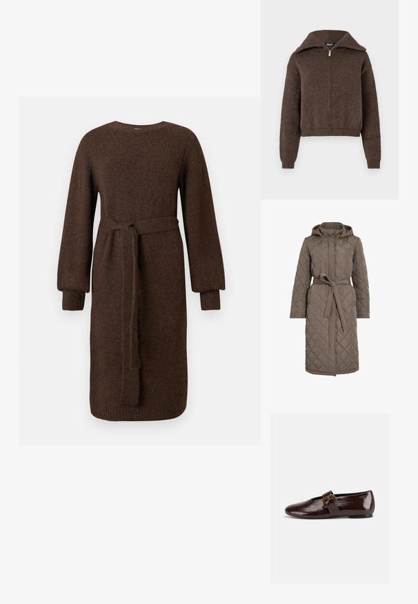 Gepolsterter langer Mantel in gedämpftem Braun mit Kapuze, tailliertem Gürtel und schrägem Steppmuster. Hergestellt aus einem glatten, gepolsterten Material.; Brauner Mischwoll-Zipfelpullover mit hohem Kragen und gerippten Bündchen und Saum, vor einem weißen Hintergrund präsentiert.; Langärmliges braunes Strickkleid mit gerippten Bündchen und abnehmbarem Taillenbindegürtel, knielang, mit schlichter Rundhalsausschnitt.; Dunkelbrauner Lacklederschuh mit großer goldener Schnalle und abgerundeter Spitze, seitlich vor weißem Hintergrund dargestellt.