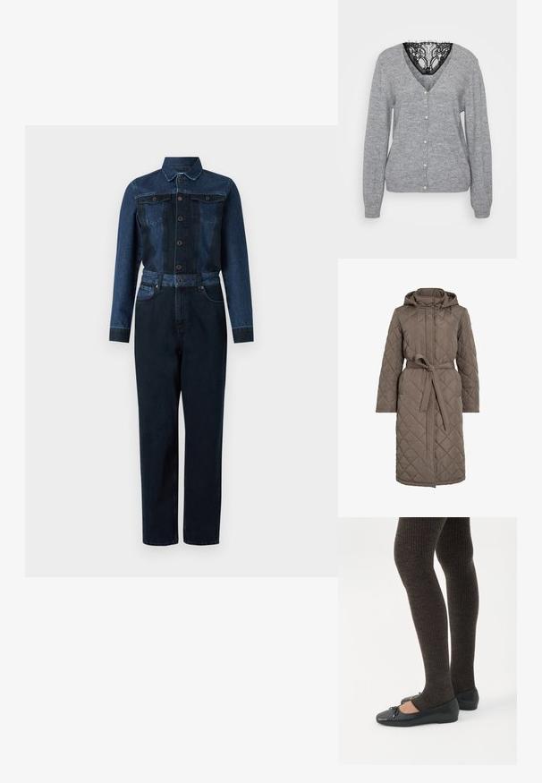 Quiltet lang frakke i dæmpet brun, med hætte, bælte i taljen og skrå stikninger. Fremstillet af et glat, polstret materiale.; Denim jumpsuit med en mørkeblå farve, lange ærmer, knaplukning foran, krave og bælte i taljen med to brystlommer.; Grå cardigan lavet af blødt strikkemateriale, med V-hals, perleknapper og en sort blonder detalje ved halsudskæringen. Lange ærmer inkluderet.; Ben iført mørke ribbede leggings kombineret med sorte balletsko med små sløjfedetaljer på hvid baggrund.