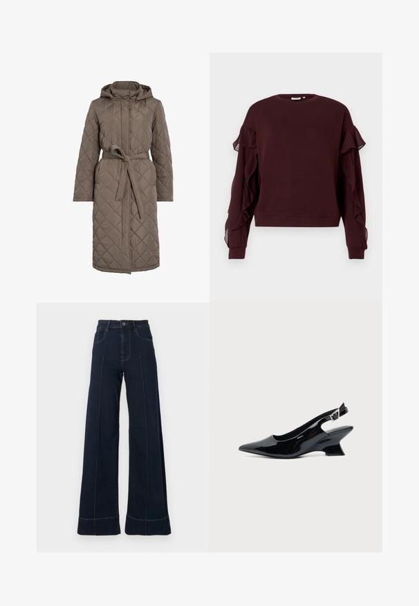 Gequiltede lange jas in gedempt bruin, met een capuchon, een ceintuur en een diagonale stikpatroon. Gemaakt van een glad, gewatteerd materiaal.; Donker bordeaux lange mouwen sweatshirt met doorzichtige ruches langs de mouwen en geribbelde manchetten en onderkant.; Donkerblauwe, wijde jeans met een hoge taille, voorzien van voorzakken en zichtbare stiksels. Gemaakt van denimstof met een gladde textuur.; Zwarte lakleren slingback schoen met spitse neus en lage schuine blokhak op een effen lichte achtergrond.