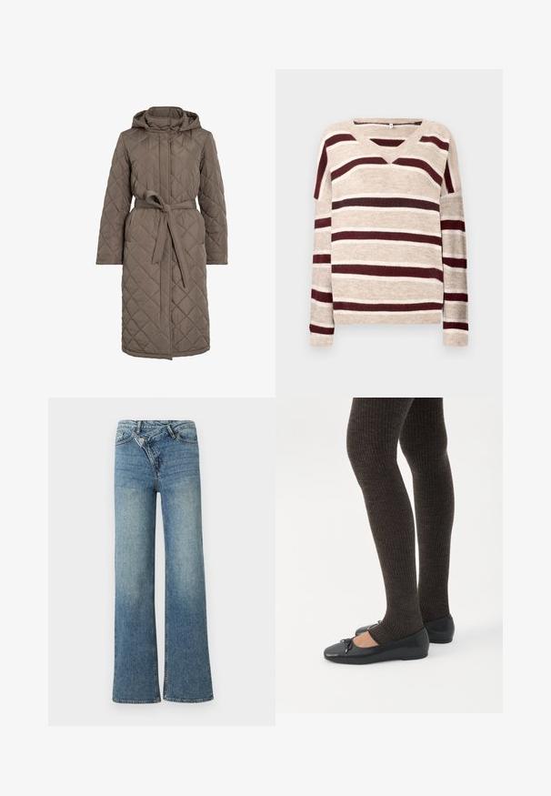 Quiltet lang frakke i dæmpet brun, med hætte, bælte i taljen og skrå stikninger. Fremstillet af et glat, polstret materiale.; V-hals sweater i beige med mørkerøde og cremefarvede striber. Har lange ærmer og ribkant. Blød tekstur og afslappet pasform.; Lyseblå denim jeans med vide ben og høj talje, let falmet effekt og knaplukning foran. Har fem lommer og minimal syning.; Ben iført mørke ribbede leggings kombineret med sorte balletsko med små sløjfedetaljer på hvid baggrund.