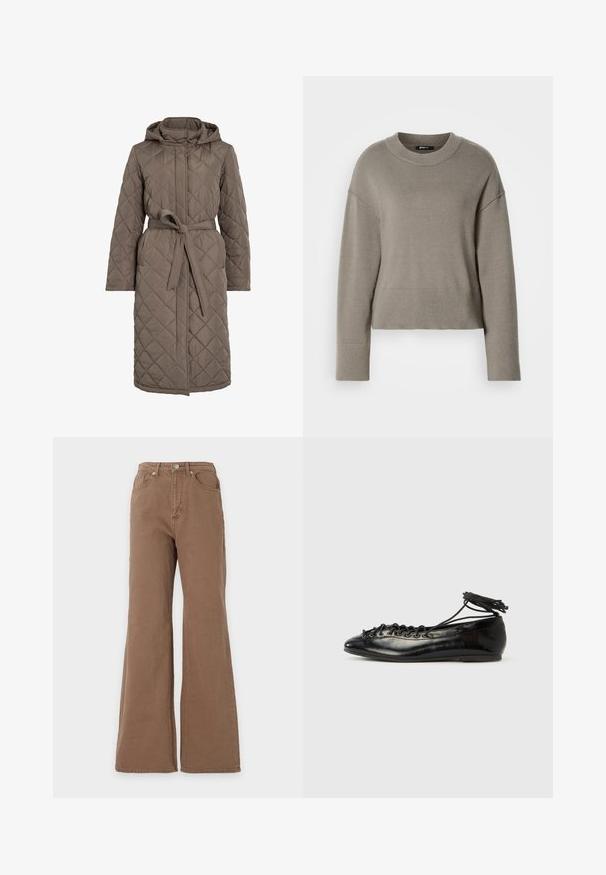 Gequiltede lange jas in gedempt bruin, met een capuchon, een ceintuur en een diagonale stikpatroon. Gemaakt van een glad, gewatteerd materiaal.; Lichtgrijs cropped sweater met een ronde halslijn, doorgeschoven schouders en ribgebreide manchetten en zoom. Zachte textuur, eenvoudig ontwerp.; Bruine high-waist jeans met een uitlopende pijp, sluiting met knopen aan de voorzijde en voor- en achterzakken, getoond tegen een effen achtergrond.; Zwarte ballerina's van lakleer met een afgeronde neus, veterdesign en een platte zool. Glad oppervlak met minimale details.