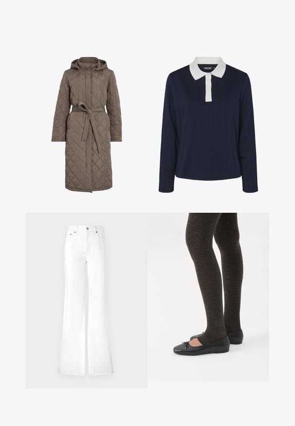 Quiltet lang frakke i dæmpet brun, med hætte, bælte i taljen og skrå stikninger. Fremstillet af et glat, polstret materiale.; Marineblå langærmet polo-shirt med en kontrasterende hvid krave og placket samt et glat, struktureret stof.; Hvide denim flared jeans med høj talje, fem lommer og metalknaplukning. Glat tekstur, enkelt design; lige ben der smalner ind ved kanten.; Ben iført mørke ribbede leggings kombineret med sorte balletsko med små sløjfedetaljer på hvid baggrund.