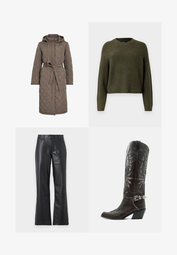 Quiltet lang frakke i dæmpet brun, med hætte, bælte i taljen og skrå stikninger. Fremstillet af et glat, polstret materiale.; Olivengrøn strikket sweater med rund halsudskæring, ribbet kant og lange ærmer med en afslappet pasform. Fremstillet af blødt tekstureret stof.; Sorte læderbukser med en flagrende design, der har forlommer, bæltestropper og knaplukning. Glat tekstur med synlige sømme.; Sort læder cowboystøvle med dekorative udskæringer, sølvspænde og skrå hæl, vist på hvid baggrund.