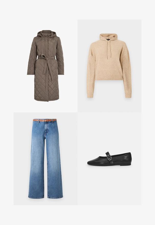 Quiltet lang frakke i dæmpet brun, med hætte, bælte i taljen og skrå stikninger. Fremstillet af et glat, polstret materiale.; Beige cropped striktrøje med lange ærmer og snorhætte, præsenteret på en hvid baggrund.; Bredde ben blå denimjeans med lys vask, som har et brunt bælte, forlommer og et klassisk fem-lomme design.; Sorte læder flade sko med rund tå, et enkelt justerbart spænde og en glat, blank overflade. Minimalistisk design med en lav hæl.