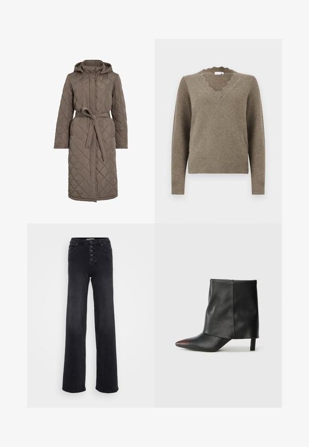 Quiltet lang frakke i dæmpet brun, med hætte, bælte i taljen og skrå stikninger. Fremstillet af et glat, polstret materiale.; Brun strikket sweater med lange ærmer og bølget V-hals, ribbede manchetter og kant, præsenteret på en ensfarvet hvid baggrund.; Sorte denim flared jeans med høj talje, fem-knap lukning og diskret syninger. Glat tekstur med klassisk snit og bred ben.; Sort ankelstøvle lavet af glat læder med spids tå og tilspidset hæl. Overdelen har et let rynket design.