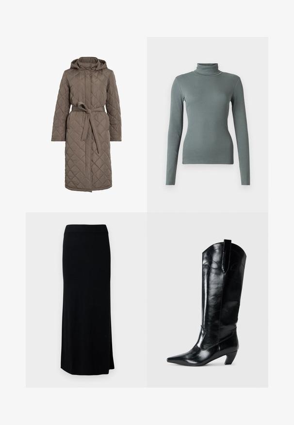 Gequiltede lange jas in gedempt bruin, met een capuchon, een ceintuur en een diagonale stikpatroon. Gemaakt van een glad, gewatteerd materiaal.; Langarm turtleneck top van zacht, gestructureerd groen ribgebreid stof. Strak ontwerp met een hoge kraag en naadloze constructie.; Zwarte, lange, gebreide rok met een zij-split. Heeft een rekbare tailleband en een gladde textuur. Eenvoudig, aansluitend ontwerp. Geen zichtbare patronen of accenten.; Zwarte leren kniehoge laarzen met een spitse neus, lage hak en decoratieve stiksels aan de zijkanten. Gladde glanzende afwerking.
