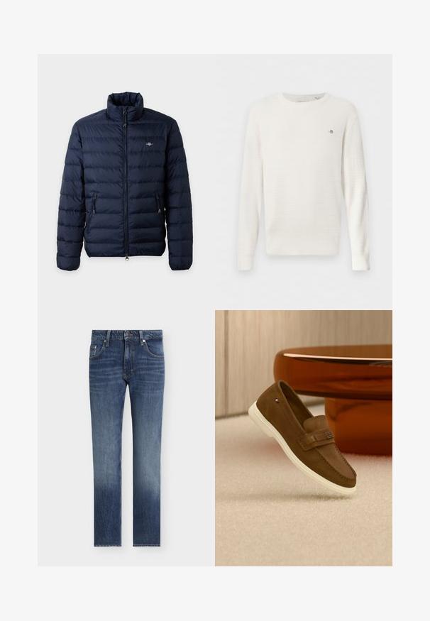Veste matelassée bleu marine avec col montant, fermeture éclair avant, poches latérales zippées et petit logo sur la poitrine gauche.; Pull à col rond en maille blanche texturée avec manches longues et petit logo brodé sur le côté gauche de la poitrine.; Jean droit bleu pour homme avec lavage délavé, fermeture par boutons et design à cinq poches.; Mocassin en daim marron avec semelle blanche et détail métallique, flottant au-dessus d'un tapis clair à côté d'un meuble rond marron brillant.