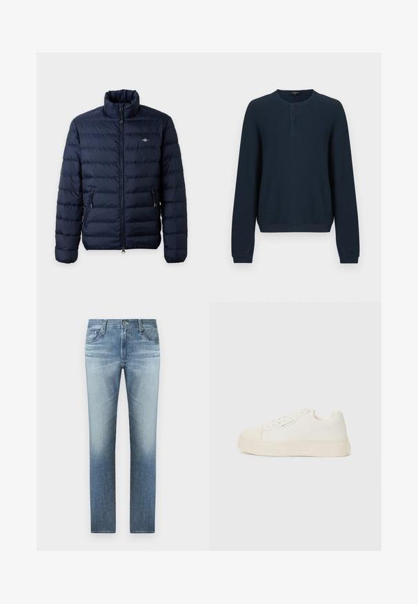 Veste matelassée bleu marine avec col montant, fermeture éclair avant, poches latérales zippées et petit logo sur la poitrine gauche.; Pull bleu marine à manches longues en tissu côtelé texturé. Il présente un col rond et une patte de boutonnage à trois boutons. Les poignets et l'ourlet sont unis.; Jeans en denim bleu clair avec une coupe droite, dotés d'un délavage, de cinq poches et d'une fermeture éclair avec un bouton en métal.; Baskets de couleur crème avec une tige lisse, bout rond, logo en relief et semelle blanche texturée. Équipées d'un laçage à l'avant et d'un design minimaliste.