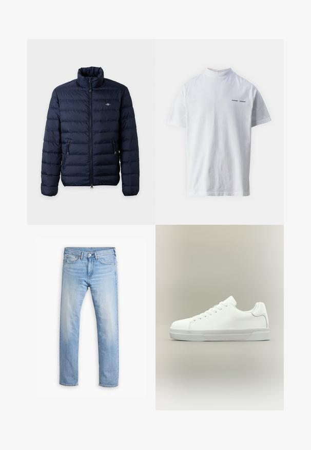 Veste matelassée bleu marine avec col montant, fermeture éclair avant, poches latérales zippées et petit logo sur la poitrine gauche.; T-shirt en coton blanc avec un col haut et des manches courtes. Présente le logo "SAMSØE SAMSØE" en noir sur le devant. Texture lisse.; Jean en denim bleu clair avec une coupe droite, cinq poches et un bouton de fermeture. Présente un léger délavage et des accents de couture orange.; Baskets basses blanches à lacets, doté d'un col rembourré et d'une semelle en caoutchouc texturée, présentées de profil sur un fond neutre.