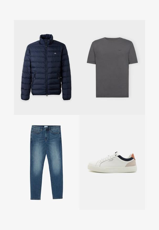 Veste matelassée bleu marine avec col montant, fermeture éclair avant, poches latérales zippées et petit logo sur la poitrine gauche.; T-shirt gris foncé à manches courtes avec col rond et petit logo texte "Marc O'Polo DENIM" en haut à gauche de la poitrine.; Jean en denim bleu moyen avec un délavage léger, design à cinq poches, coupe droite et accents cousus. Fermeture par bouton et zip.; Baskets en cuir blanc avec un design bas, accent en tissu bleu marine sur le col et onglet de talon en daim rose pâle. Semelle en caoutchouc.